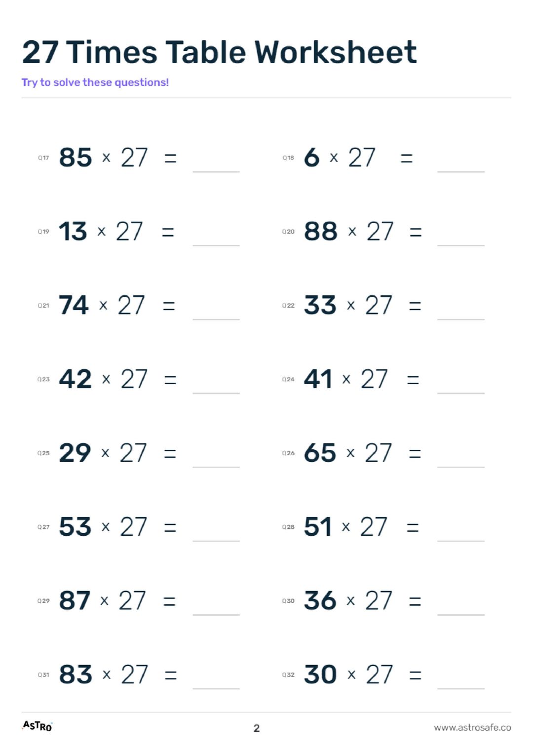 27 Times Table Lessons, Printable Worksheets & Charts AstroSafe